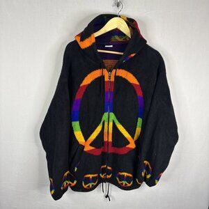 Handmade Ecuador Wool Zip Hoodie Peace Sign Rainbow Sweater Men’s L Wool Hippie